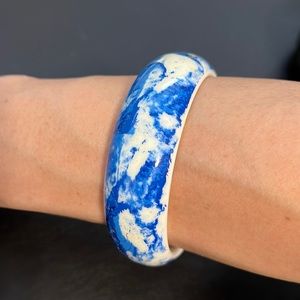 Vintage Plastic Bangle Bracelet, White, Blue, Retro, Boho